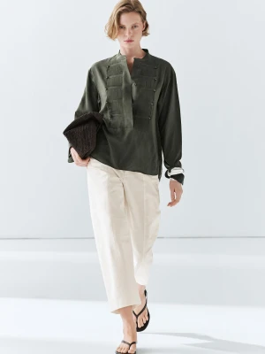 Koszula Z Cienkimi Plisami I Stójką - Zielony - - Massimo Dutti - Kobieta
