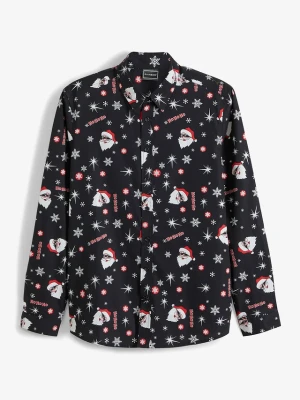 Koszula z długim rękawem i bożonarodzeniowym nadrukiem, z czystej bawełny, Slim Fit BonPrix czarny