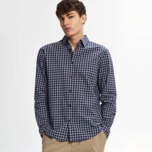 Koszula z długim rękawem w czarno-granatową kratę House