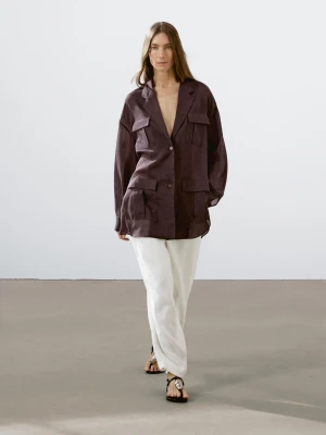 Koszula Z Kieszeniami O Luźnym Kroju - Bordowy - - Massimo Dutti - Kobieta