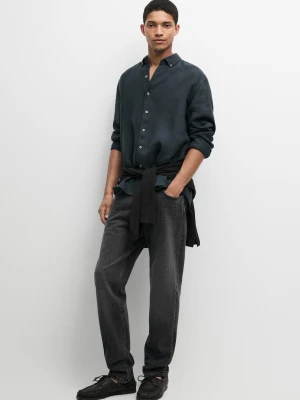 Lniana Koszula Regular Fit Z Efektem Sprania - Granatowy - Massimo Dutti - Male