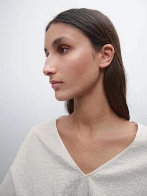 Koszula Z Mieszanki Bawełny Z Marszczeniem - Surowy - - Massimo Dutti - Kobieta