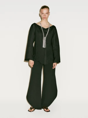 Koszula Z Mieszanki Lnu Z Dekoltem Łódką - Limited Edition - Czarny - - Massimo Dutti - Kobieta
