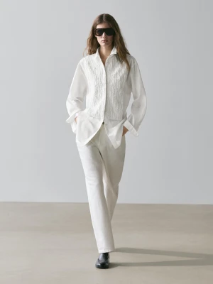 Koszula Z Ozdobnym Haftem Na Piersi - Biały - - Massimo Dutti - Kobieta