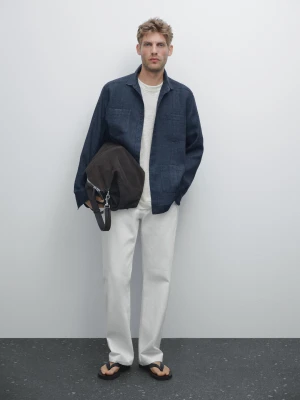 Koszula Z Ozdobnymi Plisami Ze 100% Lnu - Niebieski - - Massimo Dutti - Mężczyzna