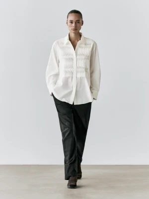 Koszula Ze 100% Bawełny Z Ozdobnym Przodem - Biały - - Massimo Dutti - Kobieta