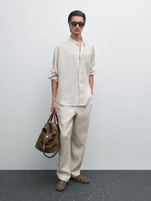 Koszula Ze 100% Lnu O Kroju Regular Fit Ze Stójką - Piaskowy - - Massimo Dutti - Mężczyzna