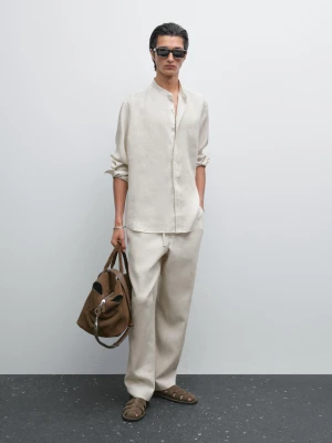 Koszula Ze 100% Lnu O Kroju Regular Fit Ze Stójką - Piaskowy - - Massimo Dutti - Mężczyzna