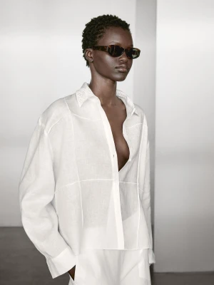 Koszula Ze 100% Lnu Z Haftem - Biały - - Massimo Dutti - Kobieta