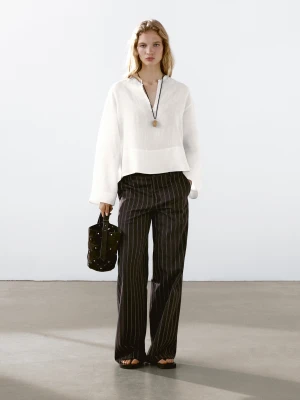 Koszula Ze 100% Lnu Z Otwartą Stójką - Biały - - Massimo Dutti - Kobieta