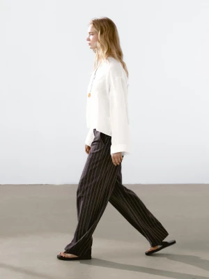 Koszula Ze 100% Lnu Z Otwartą Stójką - Biały - - Massimo Dutti - Kobieta