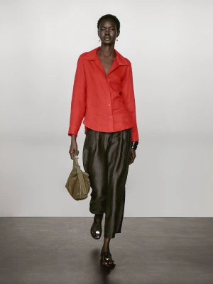 Koszula Ze 100% Lnu Z Otwartym Kołnierzykiem - Czerwony - - Massimo Dutti - Kobieta