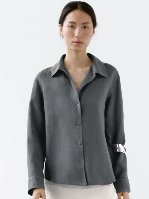 Koszula Ze 100% Lnu Z Otwartym Kołnierzykiem - Zielony - - Massimo Dutti - Kobieta