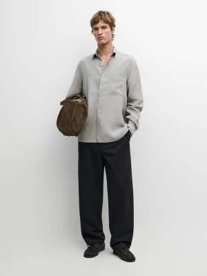 Koszula Ze 100% Lnu Z Ozdobną Kieszonką - Szary - - Massimo Dutti - Mężczyzna
