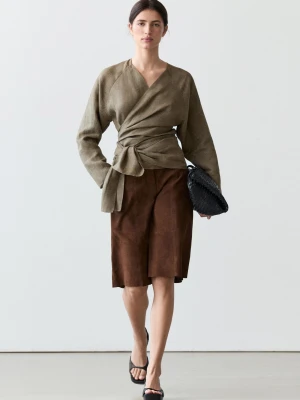 Koszula Ze 100% Lnu Z Wiązaniem - Zielony - - Massimo Dutti - Kobieta