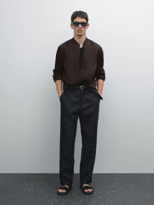 Koszula Ze 100% Lnu Ze Stójką - Czekoladowy - - Massimo Dutti - Mężczyzna