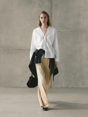 Koszula Ze 100% Lnu Ze Stójką Z Zapięciem - Biały - - Massimo Dutti - Kobieta