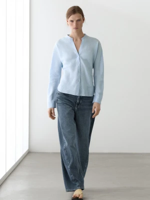 Koszula Ze 100% Lnu Ze Stójką Z Zapięciem - Błękitny - - Massimo Dutti - Kobieta