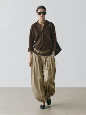 Koszula Ze 100% Lnu Ze Stójką Z Zapięciem - Brązowy - - Massimo Dutti - Kobieta
