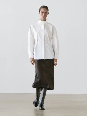Koszula Ze Stójką I Ozdobnym Paskiem - Biały - - Massimo Dutti - Kobieta