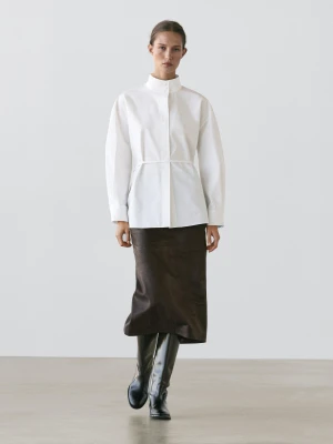 Koszula Ze Stójką I Ozdobnym Paskiem - Biały - - Massimo Dutti - Kobieta