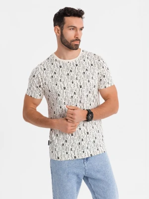 Koszulka bawełniana z nadrukiem i okrągłym dekoltem – kremowa V1 - Rozmiar: M Ombre Clothing