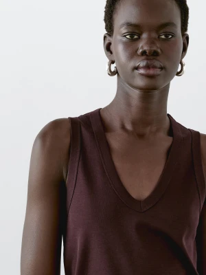 Koszulka Bez Rękawów Z Merceryzowanej Bawełny - Bordowy - - Massimo Dutti - Kobieta
