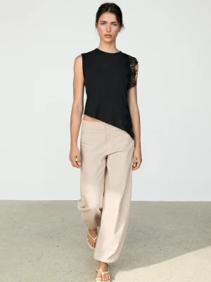 Koszulka Bez Rękawów Z Ozdobną Koronką - Czarny - Massimo Dutti - Female