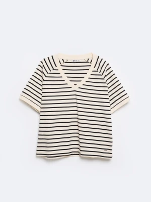 Koszulka damska z dekoltem v-neck w paski beżowo-czarna Lera 103 BIG STAR