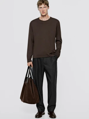 Koszulka Długi Rękaw 100% Bawełna - Limited Edition - Czekoladowy - Massimo Dutti - Male
