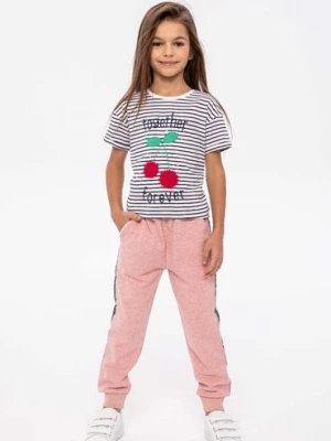 Koszulka dziewczęca bawełniana w paski- wiśnie Minoti