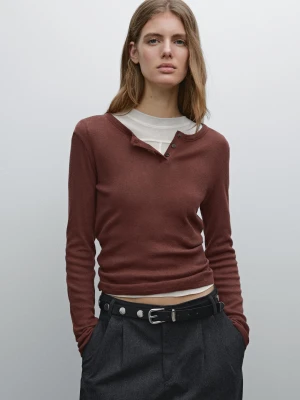 Koszulka Henley Z Mieszanki Bawełny - Bordowy - - Massimo Dutti - Kobieta