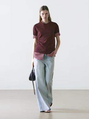 Koszulka Interlock Ze 100% Bawełny Z Okrągłym Dekoltem - Bordowy - - Massimo Dutti - Kobieta