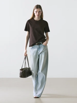 Koszulka Interlock Ze 100% Bawełny Z Okrągłym Dekoltem - Brązowy - Massimo Dutti - Female