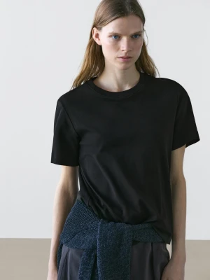 Koszulka Interlock Ze 100% Bawełny Z Okrągłym Dekoltem - Czarny - - Massimo Dutti - Kobieta