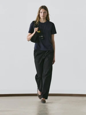 Koszulka Z Krótkim Rękawem Typu Interlock - Granatowy - Massimo Dutti - Female