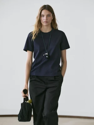 Koszulka Interlock Ze 100% Bawełny Z Okrągłym Dekoltem - Granatowy - - Massimo Dutti - Kobieta