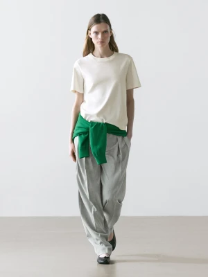 Koszulka Interlock Ze 100% Bawełny Z Okrągłym Dekoltem - Surowy - - Massimo Dutti - Kobieta