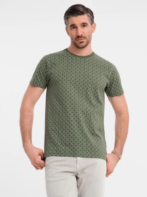 Zdjęcie produktu Koszulka męska dzianinowa z nadrukiem full print – oliwkowa V2 - Rozmiar: S Ombre Clothing