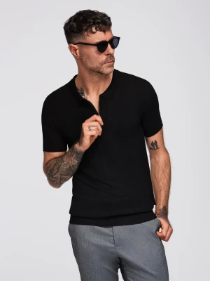 Zdjęcie produktu Koszulka męska polo ażurowa z suwakiem przy dekolcie – czarna V2 Ombre Clothing
