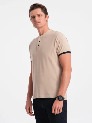 Koszulka męska polo bez kołnierzyka - beżowa V5 - Rozmiar: L Ombre Clothing