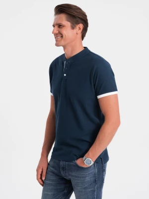 Koszulka męska polo bez kołnierzyka - granatowa V4 - Rozmiar: XL Ombre Clothing