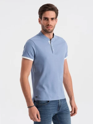 Koszulka męska polo bez kołnierzyka - niebieska V3 Ombre Clothing