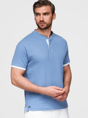Koszulka męska polo bez kołnierzyka - niebieska V3 - Rozmiar: XXL Ombre Clothing
