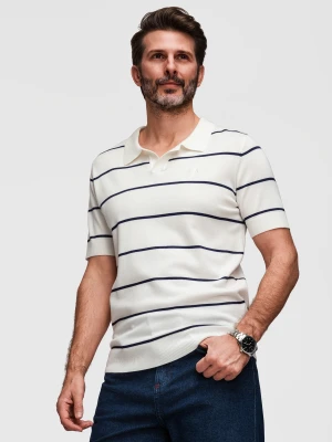 Koszulka męska polo w poziome paski z wiskozą – biało-granatowa V2 - Rozmiar: S Ombre Clothing