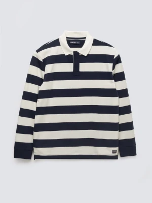 Koszulka męska polo z długim rękawem w pasy granatowo-białe Miker 100 BIG STAR