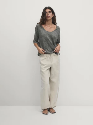 Koszulka Oversize Ze 100% Lnu Z Krótkim Rękawem - Brudnoszary - - Massimo Dutti - Kobieta