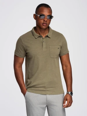 Koszulka polo klasyczna z bawełnianej dzianiny – ciemnooliwkowa V5 - Rozmiar: L Ombre Clothing