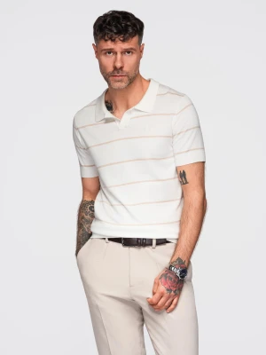Koszulka polo męska w poziome paski z wiskozą – biało-beżowa V4 - Rozmiar: L Ombre Clothing