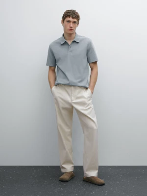 Koszulka Polo Z Mieszanki Bawełny Z Krótkim Rękawem - Sprany Błękit - - Massimo Dutti - Mężczyzna